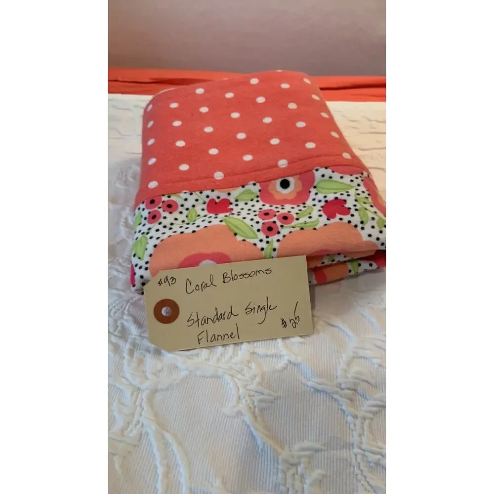 Handmade Floral Flannel Pillowcase - Coral Blooms, Polka Dot Border